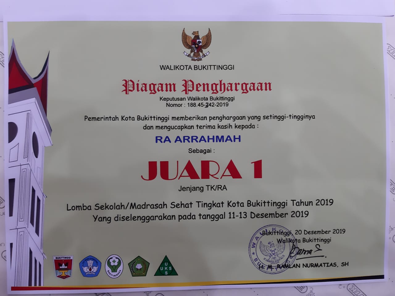 R.A Ar Rahmah DWP Kemenag Juara 1 Sekolah Sehat Kota Bukittinggi 2 0124 ra bkt b