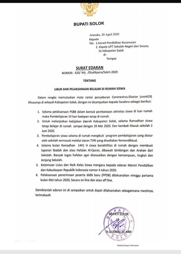 PSBB di Awal Ramadhan, Siswa di Kab. Solok Dirumah Hingga 29 Mei 2 psbb