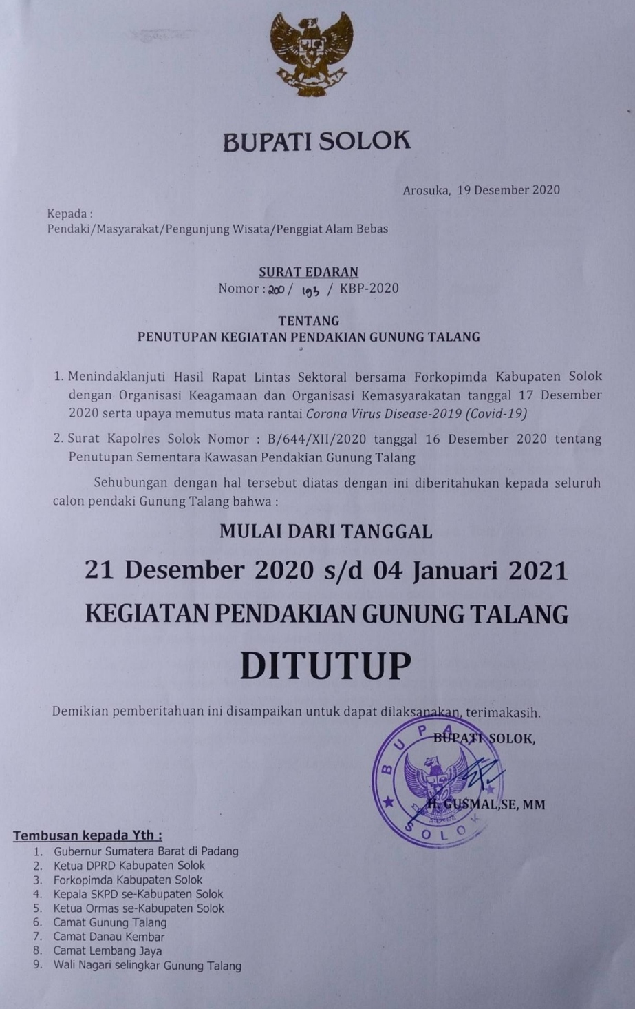 Jalur Pendakian Gunung Talang Ditutup 21 Desember 2020-4 Januari 2021 1